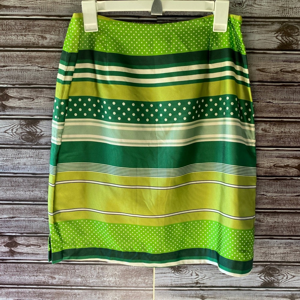 Vintage J McLaughlin Skirt Size 10 Green Striped Polka-Dot 100% Silk Side Zipper